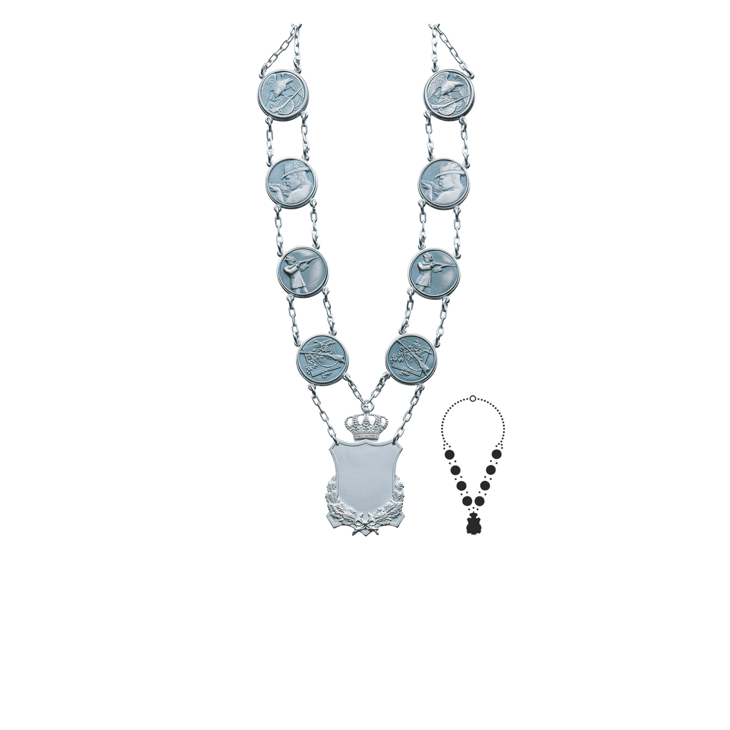 Schützenkette mit Mittelstück, Messing, versilbert,