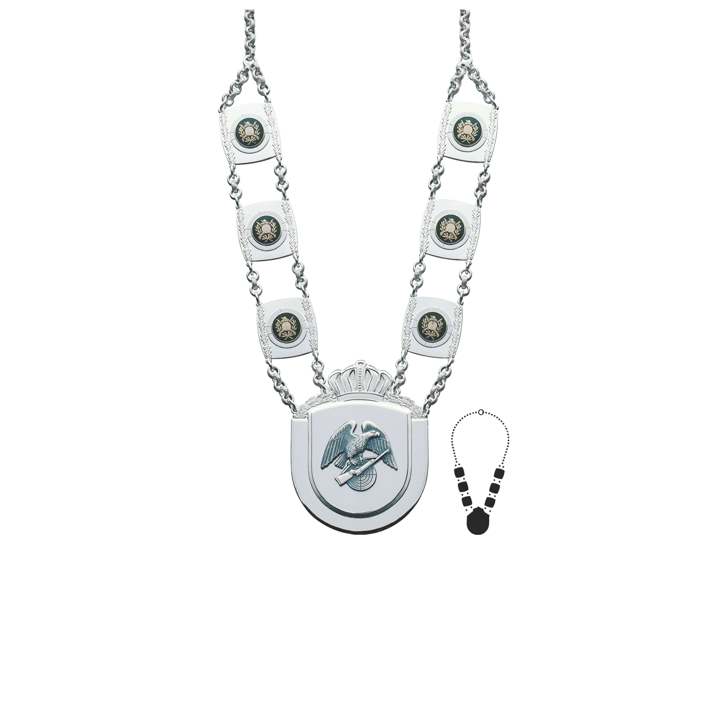 Schützenkette mit Mittelstück, Messing, versilbert,