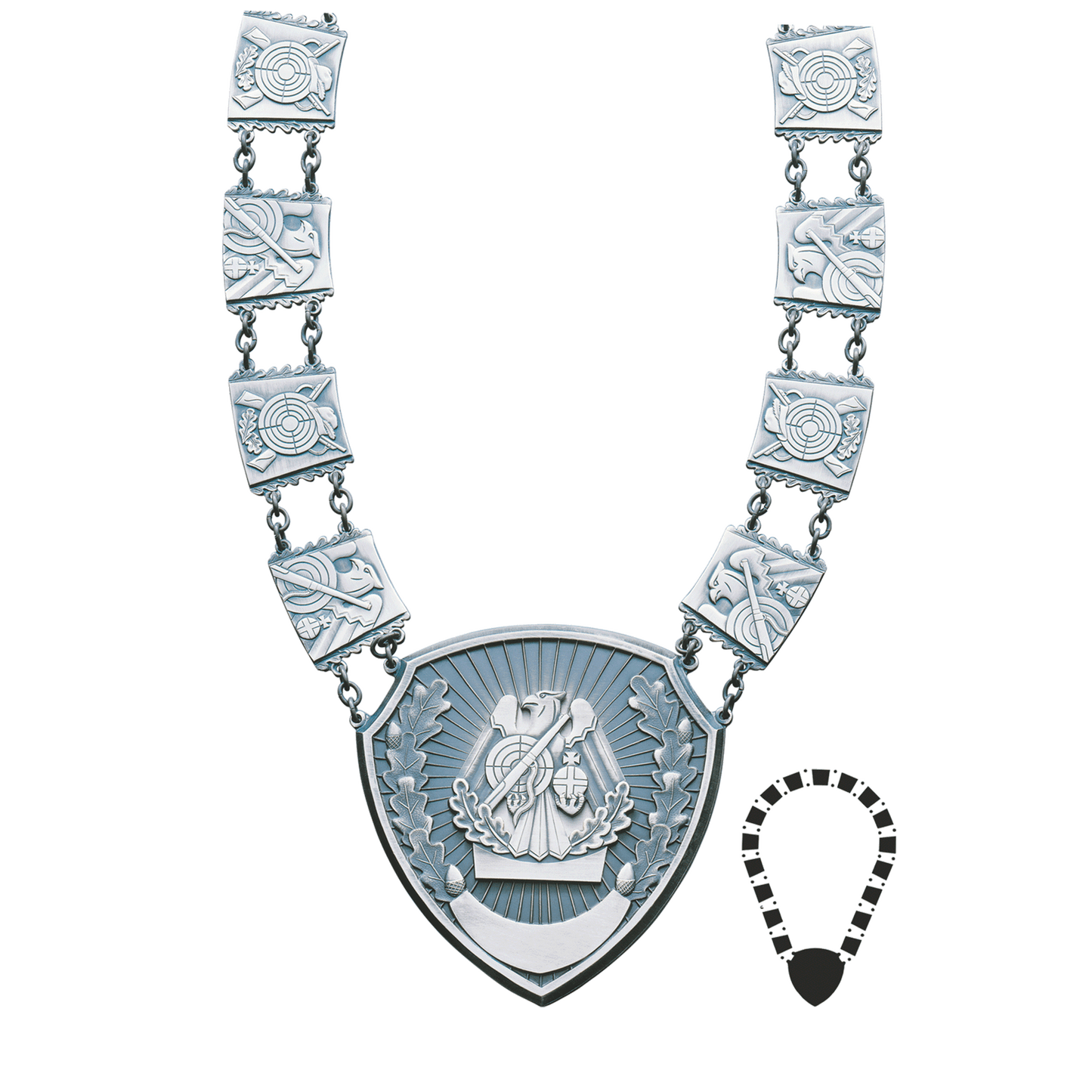 Schützenkette mit Mittelstück , Messing, altsilber,