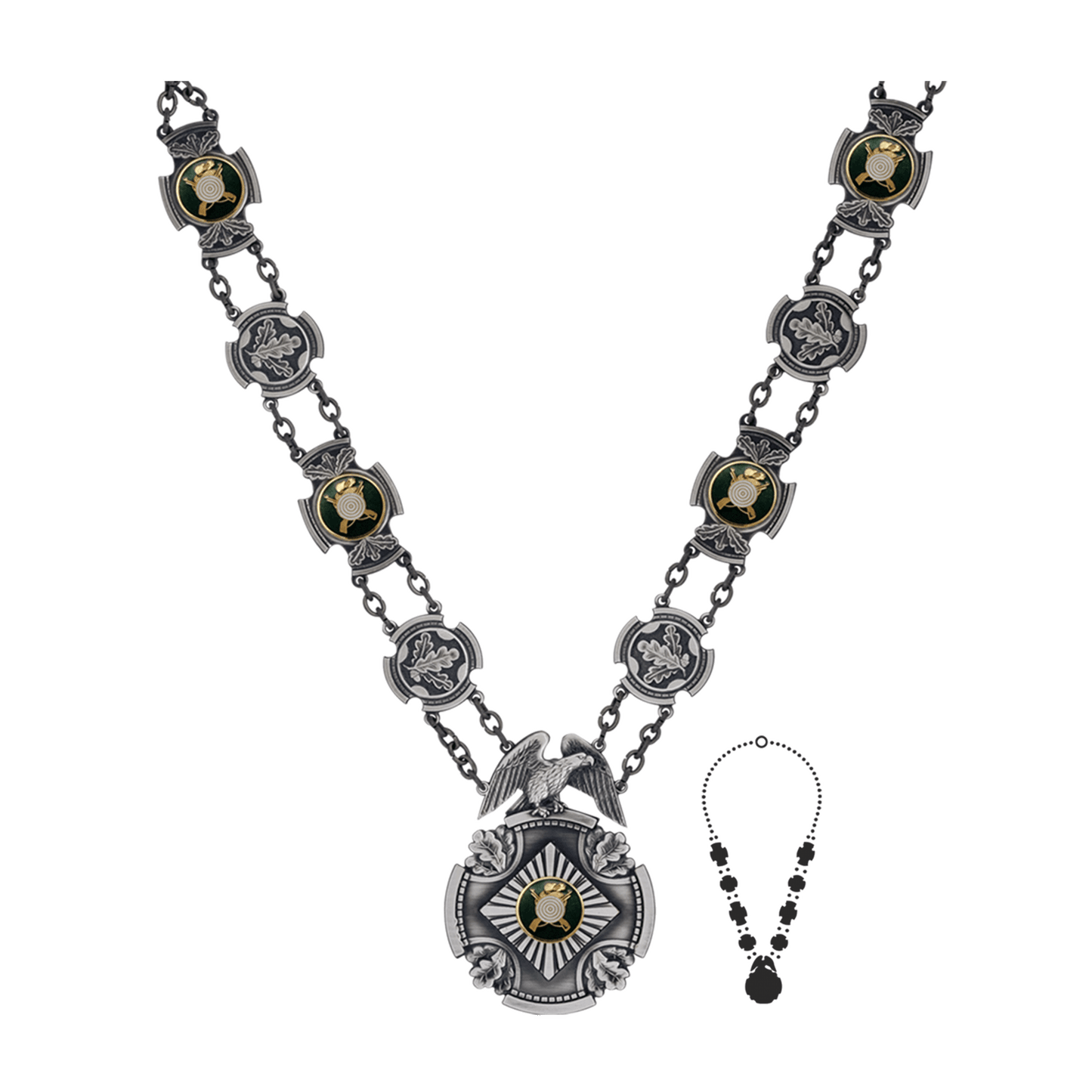 Schützenkette mit Mittelstück, Messing, altsilber,
