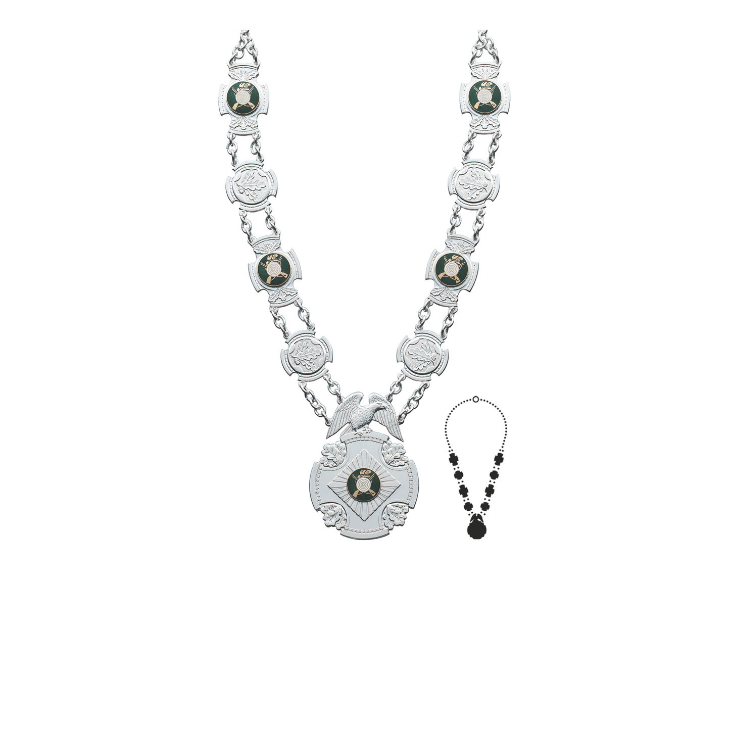 Schützenkette mit Mittelstück, Messing, versilbert,