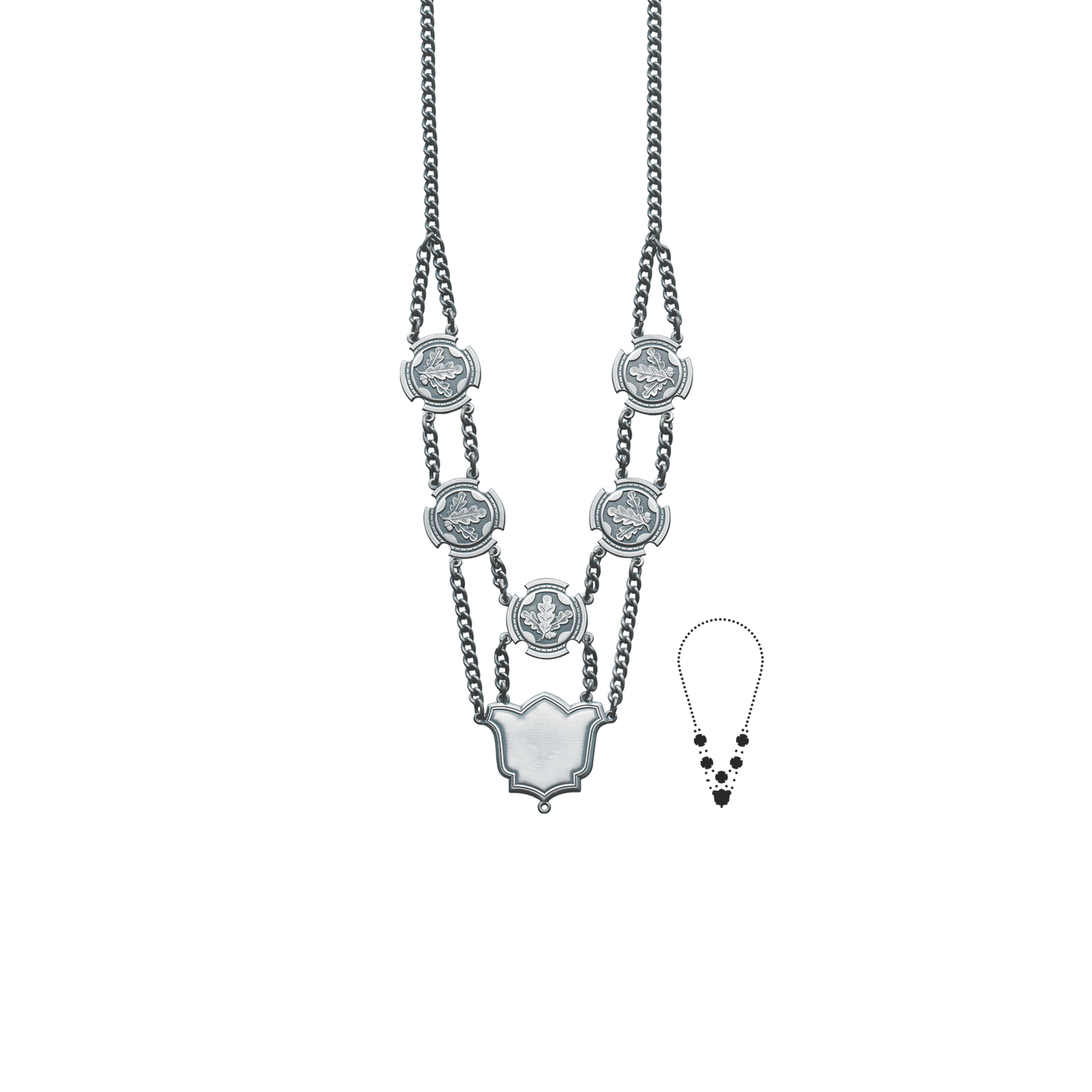 Schützenkette mit Mittelstück, Messing, altsilber,