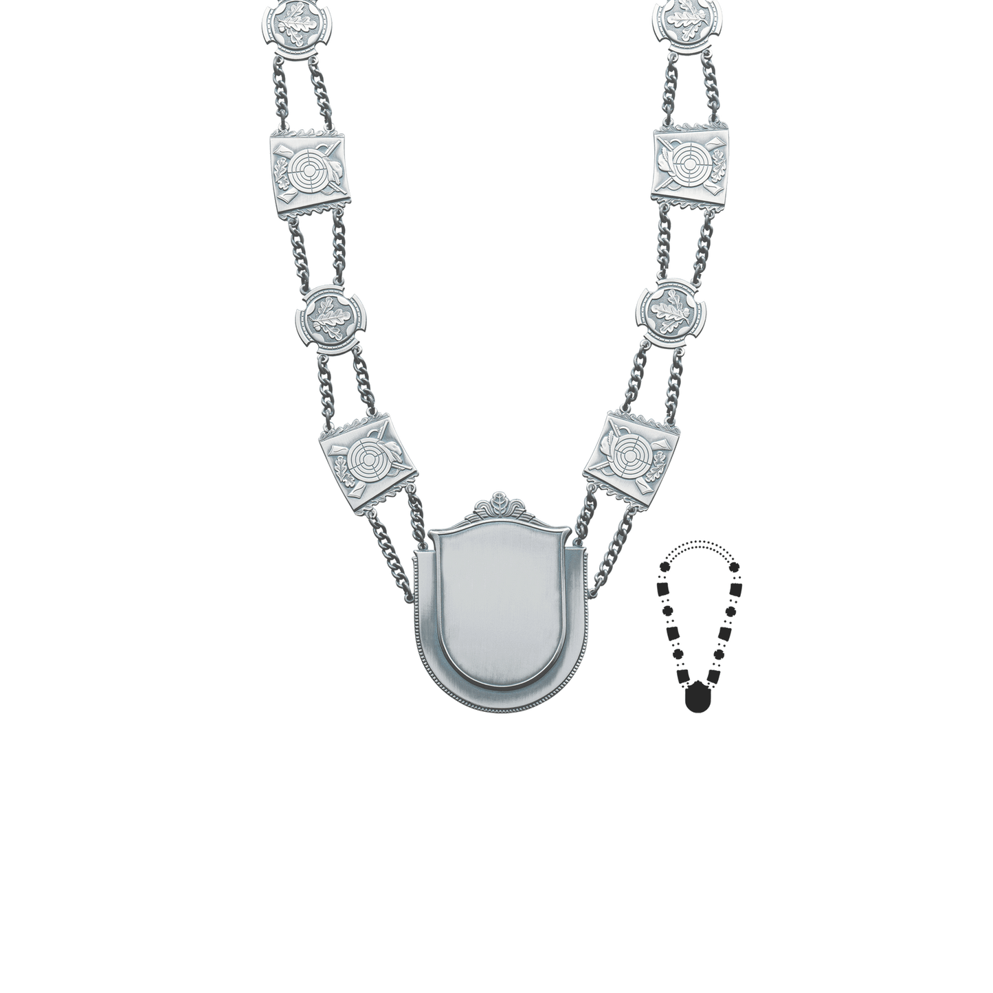 Schützenkette mit Mittelstück, Messing, altsilber,