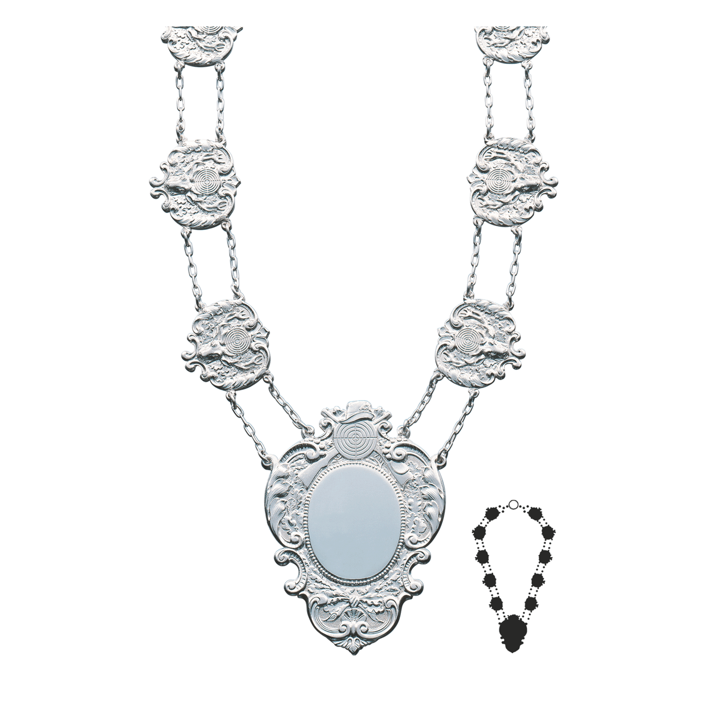 Schützenkette mit Mittelstück, Messing, versilbert,