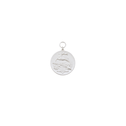 Medaille SPRINGENDER HIRSCH, Messing, versilbert, mit Öse(n) und Ring(en)