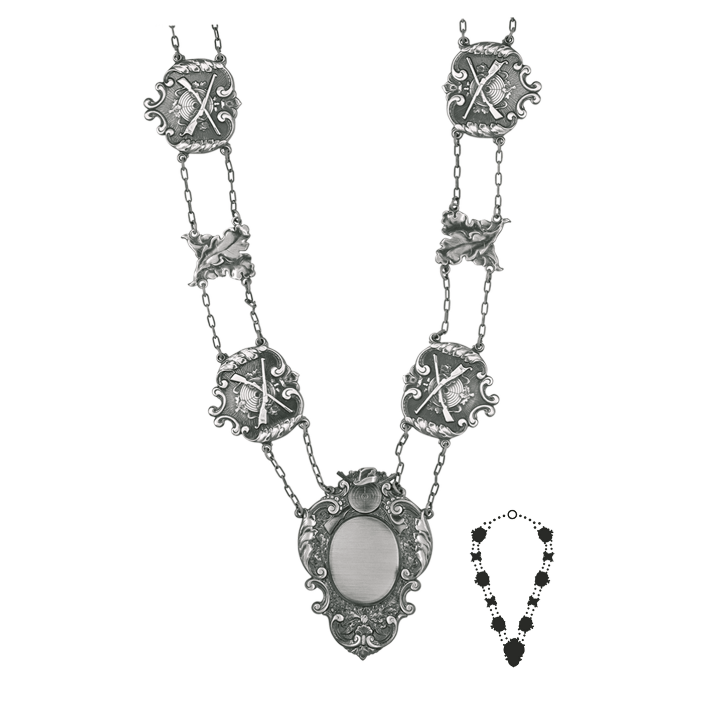 Schützenkette mit Mittelstück, Messing, altsilber,