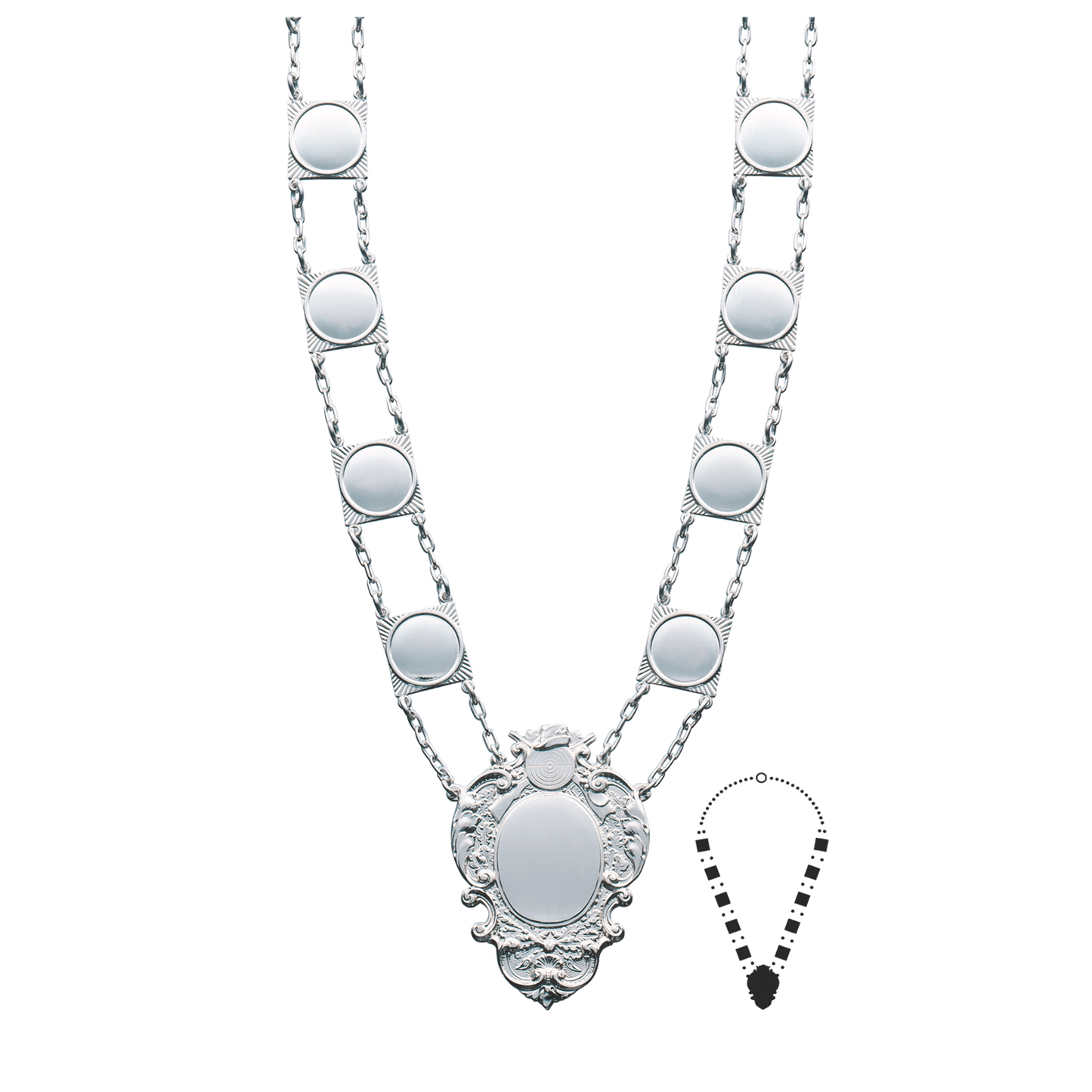 Schützenkette mit Mittelstück, Messing, versilbert,