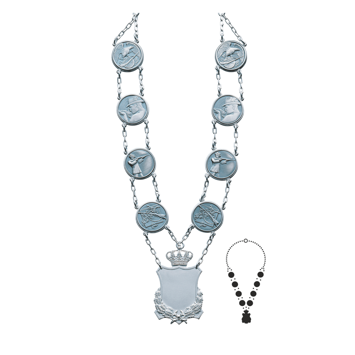 Schützenkette mit Mittelstück, Messing, versilbert,
