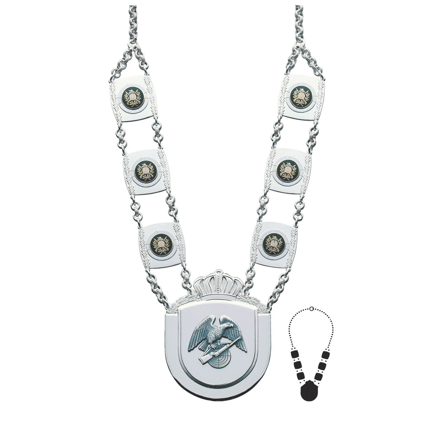 Schützenkette mit Mittelstück, Messing, versilbert,