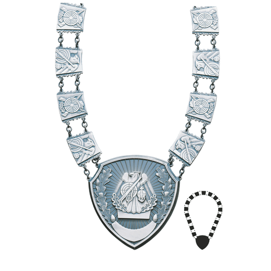 Schützenkette mit Mittelstück , Messing, altsilber,