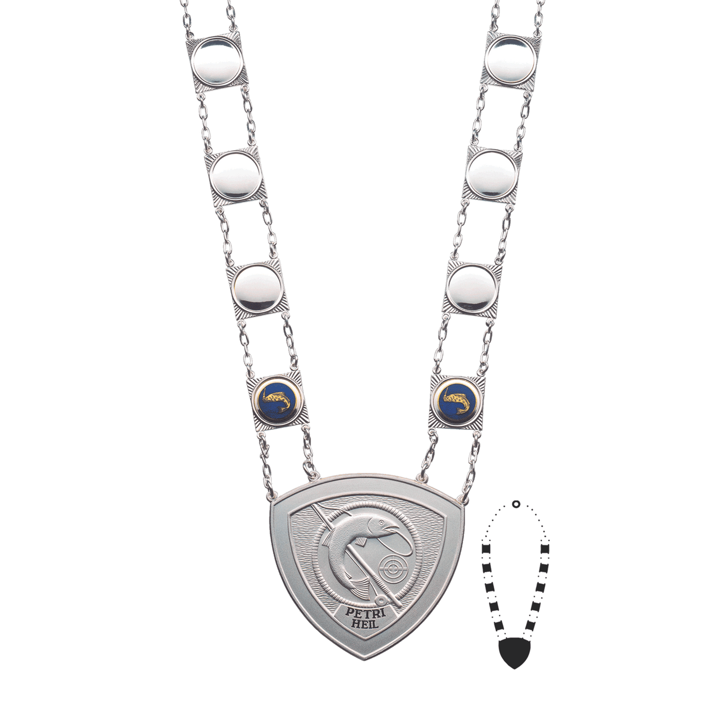 Anglerkette mit Mittelstück, Messing, versilbert,