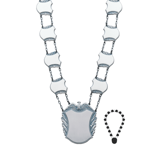 Schützenkette mit Mittelstück, Messing, altsilber,