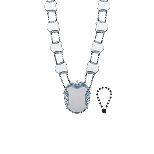 Schützenkette mit Mittelstück, Messing, altsilber,