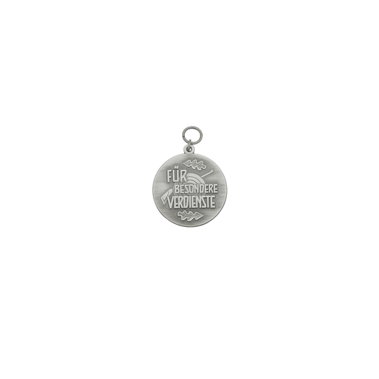 Medaille FÜR BESONDERE VERDIENSTE, 39mm, Messing, altsilber, mit Öse(n) und Ring(en)