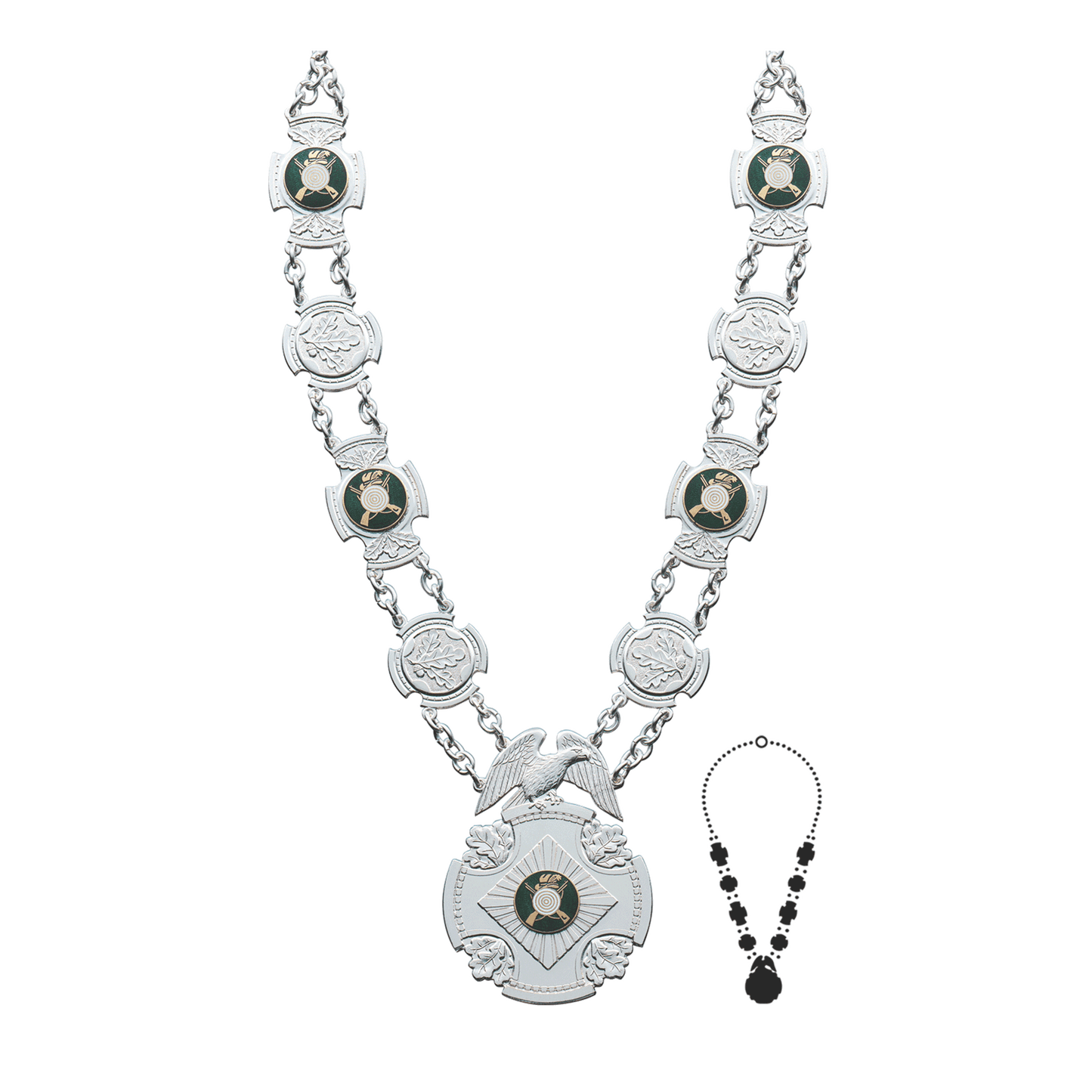 Schützenkette mit Mittelstück, Messing, versilbert,