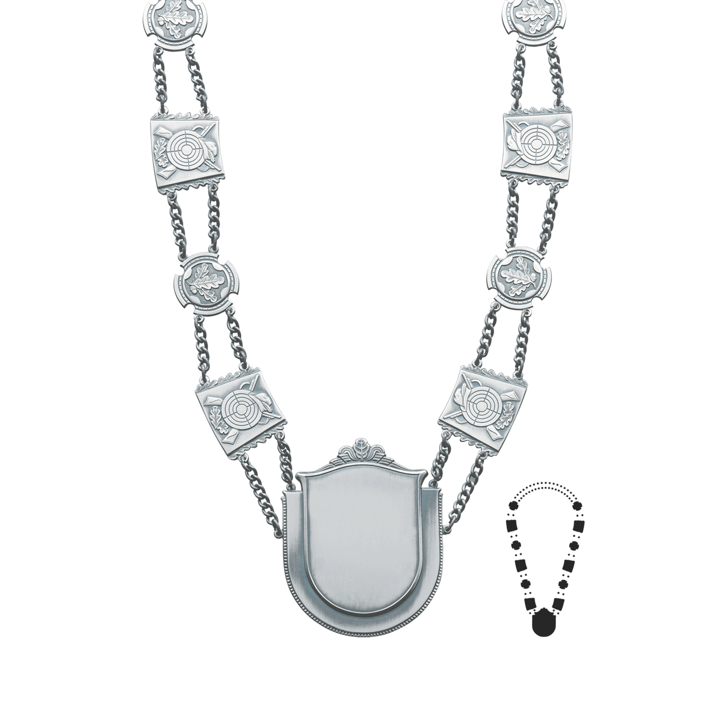 Schützenkette mit Mittelstück, Messing, altsilber,
