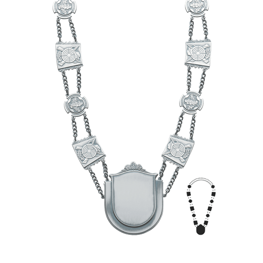 Schützenkette mit Mittelstück, Messing, altsilber,