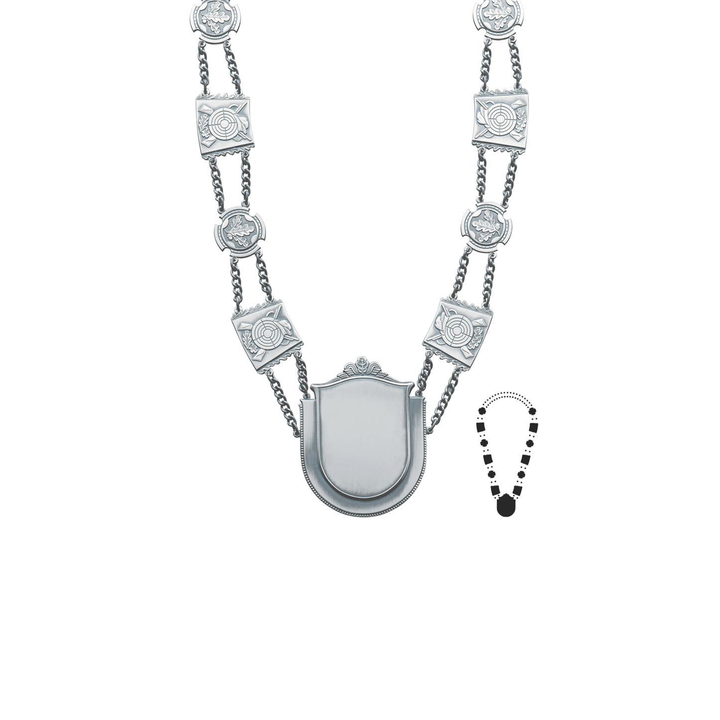Schützenkette mit Mittelstück, Messing, altsilber,