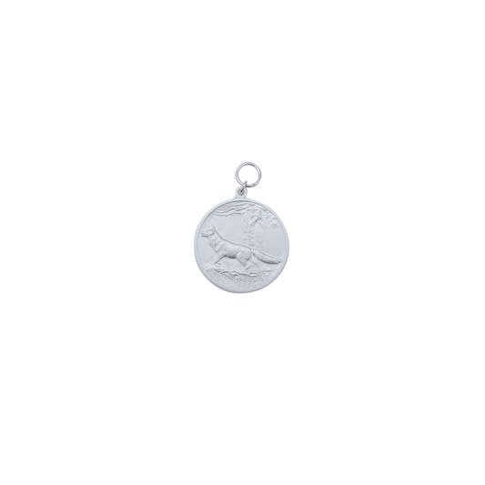 Medaille FUCHS, Messing, versilbert, mit Öse(n) und Ring(en)