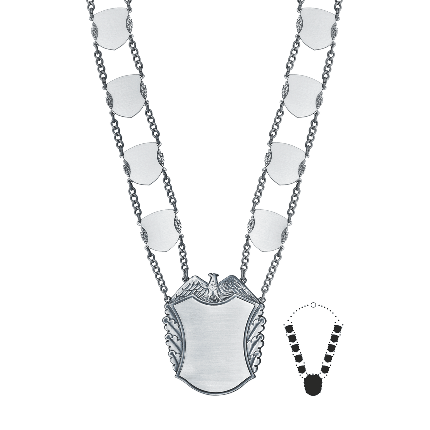 Schützenkette mit Mittelstück, Messing, altsilber,