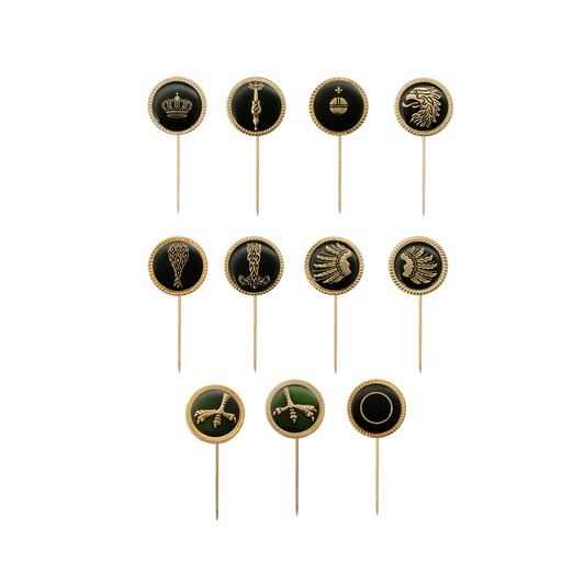 Abzeichen, Pfändersatz, Messing, vergoldet, mit langer Nadel